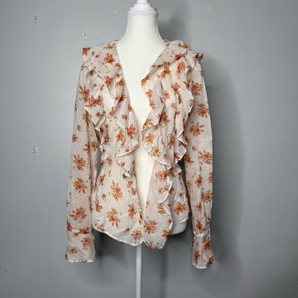 Free People Women’s Floral Ruffle Long Sleeve Blouse Size L Boho Peplum Top - Picture 1 of 8